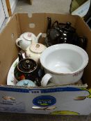 Box of vintage teapots, chamber pot etc
