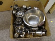 A box of assorted kitchen and similar stainless steel items