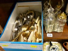Box containing large quantity of miscellaneous flatware, glass and metal condiment set etc