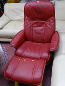 Red upholstered 'Stressless' chair and matching footstool