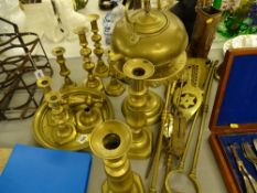 Mixed brassware- fire iron, candlesticks, teapot, etc