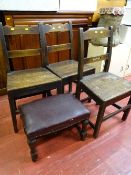Parcel of three vintage farmhouse chairs and a leather? upholstered and studded stool