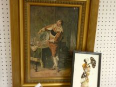 Gilt framed oleograph of a musketeer and an interesting framed African collage (butterfly pictures)