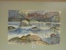 E HOLLAND watercolour - river rapids, 35 x 53 cms