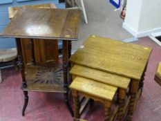 Oak nest of three tables and a square two tier occasional table