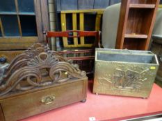 Brass embossed magazine/letter box with ship and a magazine rack with drawer plus one other and a