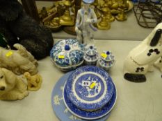 A parcel of blue and white china, figurine, etc