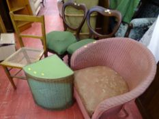Pair of balloon back dining chairs and a loom chair, basket and one other