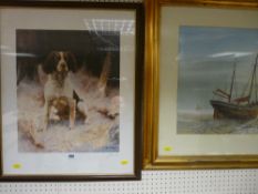 JOHN TRICKETT? limited edition print - hunting dog and a large print of docked sailing ships