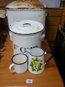 Two enamel bread bins, jug etc