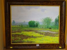 Jiang Oing Bei oil on canvas - countryside scene with horse, 60 x 72 cms
