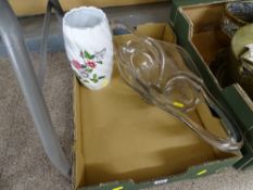 A clear art glass bowl and floral and butterfly decorated vase