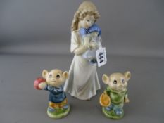 Nao figurine of a young girl and two porcelain pig ornaments