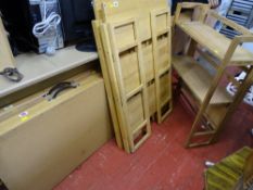 Three folding bookshelves and 2 wooden pasting tables