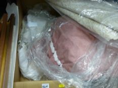 Box of vintage table linen and curtains including door length, double sided