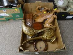 A treen dragon ornament, a pair of yellow painted decorative pheasants etc