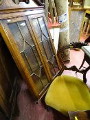 Mahogany twin glazed door wall hanging cabinet and a small balloon back chair