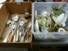 Parcel of vintage flatware and a tub of miscellaneous commemorative porcelain and similar items