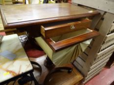 Polished wood work table with single drawer and under upholstered storage basket