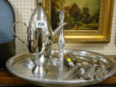 Parcel of stainless steel cutlery in the Devlin style, stamped pewter candlesticks, heavy tray etc
