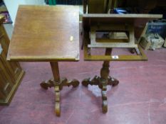 Two lectern style folding occasional tables on tripod bases