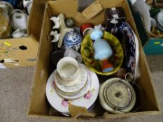 A box of mixed china including biscuit barrel, milk glass vase, etc