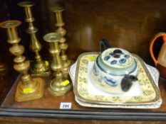 Two pairs of brass candlesticks, two Staffs sandwich plates and a rare vintage MacIntyre teapot (