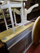 Pine and painted kitchen island and a pine and painted circular dining table, 6 chairs and two non-