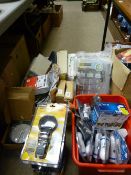 Two tubs of miscellaneous retail stationery items, retail packed Rolson ratchet sets etc