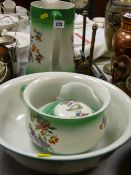 Floral decorated and green coloured toilet jug and basin set etc