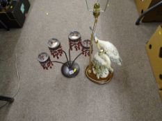 A metal, lustre candleholder and an Italian made heron table lamp