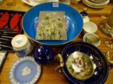 Losolware fruit bowl, a European twin handled nut dish with central decoration, an unframed glass