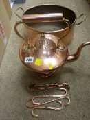 Victorian copper kettle, a two handled pan and a quantity of copper hanging hooks