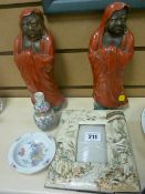 Two Oriental pottery figurines (damage), a vintage celluloid photograph frame etc