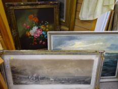 Two framed oils on canvas - still life flowers and an atmospheric seascape, indistinct signatures