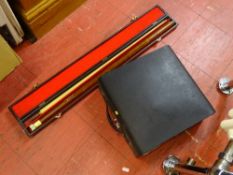 Cased two piece snooker cue etc