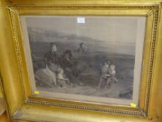 Gilt framed engraving of military men and their families, 'George T Doo, Historical Engraver in