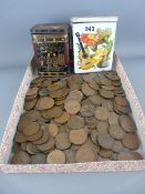Two vintage tea tins containing a collection of pre-decimal bronze coinage