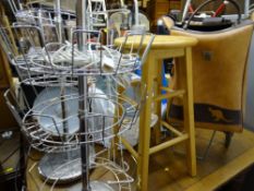 Pair of chrome style shoe racks, small wooden stool, plastic step, vintage Brabantia shopping