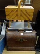 Wooden cased vintage Singer sewing machine and a wooden cantilever sewing box and contents