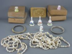 Collection of porcelain thimbles and miniature bells with a small quantity of jewellery and a