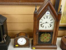 Steeple shaped polished mantel clock and another beadwork polished mantel clock
