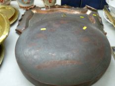 Arts & Crafts style copper tray and an Oriental dinner gong with beater