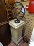 Sandstone effect pillar with armillary sundial to the top