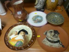 Falconware Cavalier plate, a terracotta example with hand painted dog decoration, a Victorian copper