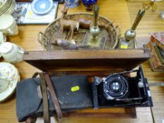 Vintage bellows camera, pair of early mixed metal epergne holders etc