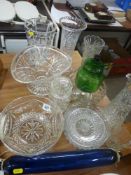 Good selection of cut and other glassware including a Bristol blue rolling pin