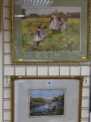 Watercolour study - figures on a path and others in a boat on a meandering river to the