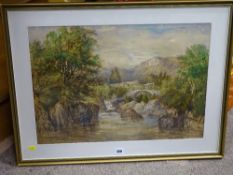 Watercolour - river scene with gorge and bridge in the manner of DAVID COX