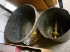 Copper log bin with lion mask decoration, two vintage brass barrel taps and a large brass